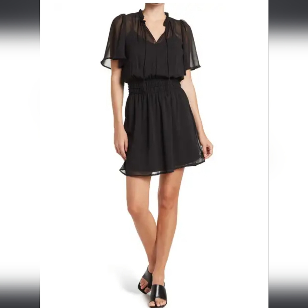 Socialite Flutter Sleeve Smocked Chiffon Black Dress Size: XS